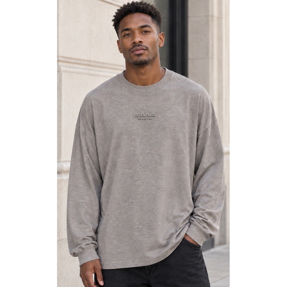 Fear of God Essentials Mens L Oatmeal Long Sleeve T Shirt Oversized Streetwear